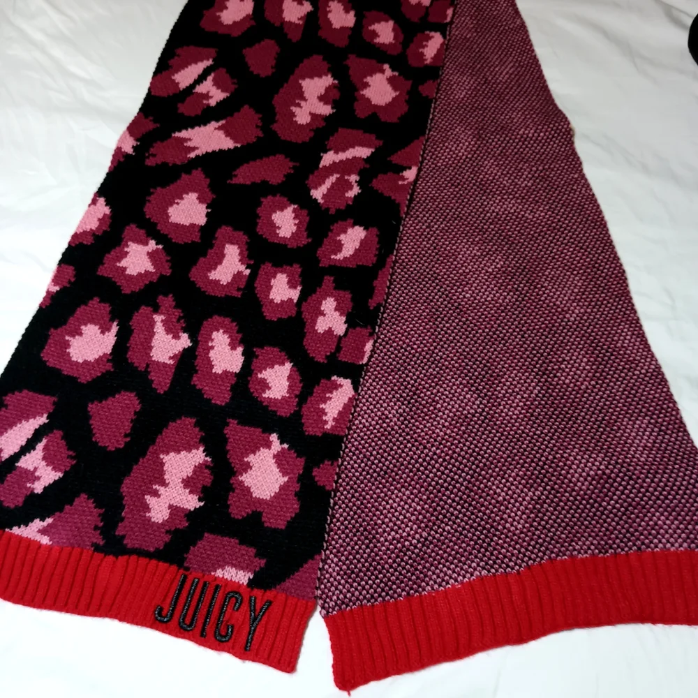 Juicy Couture Pink Red Leopard Print Knit Scarf Embroidered Logo Y2K McBling OS